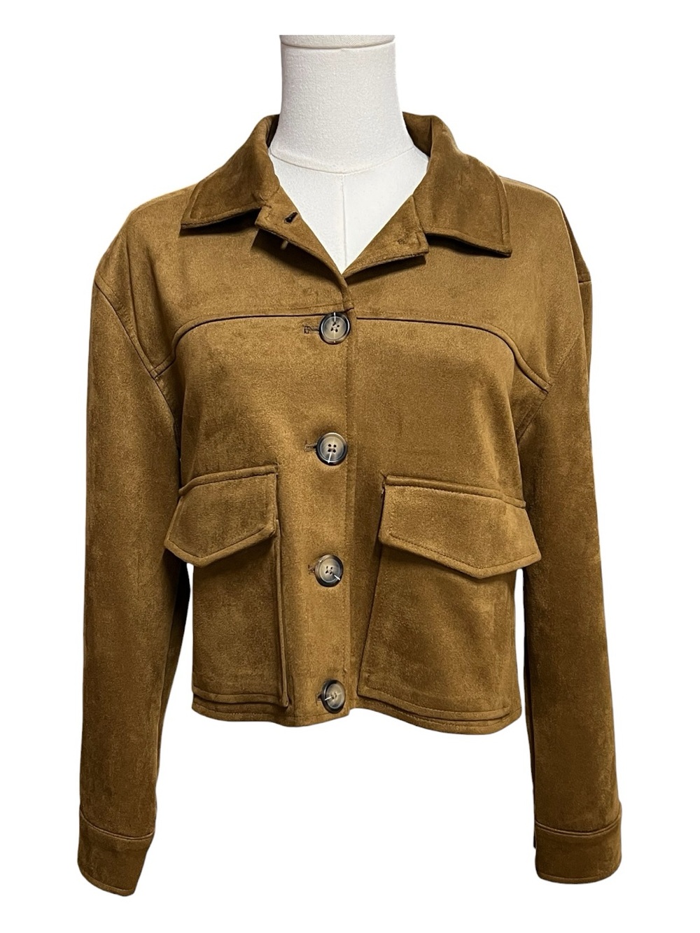 EUC Love Tree Brown Faux Suede Cropped Utility Jacket | Size Small